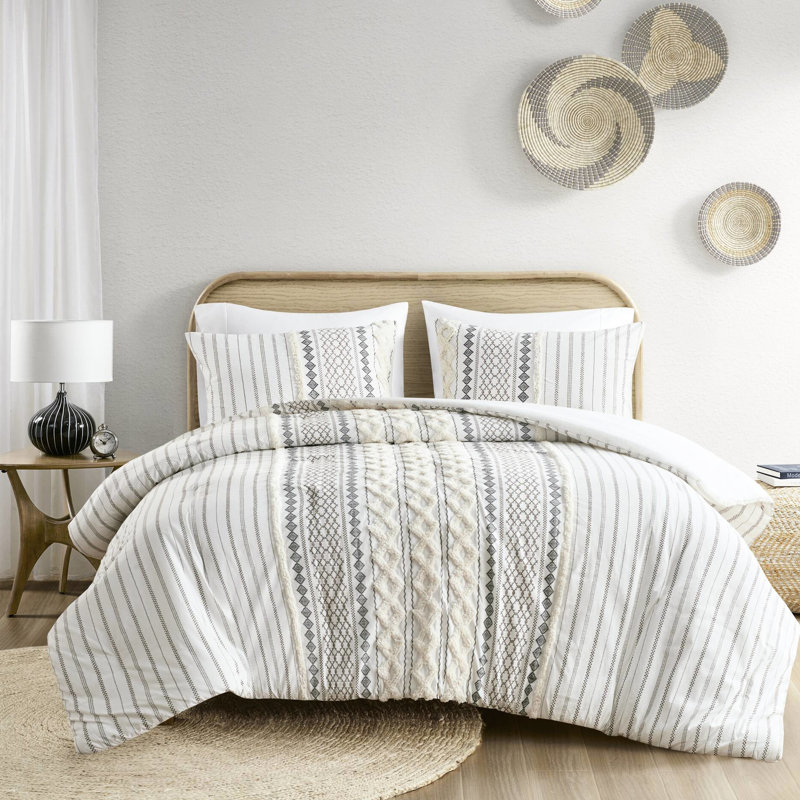 Édredon en coton double / grand, chenille, rembourrage, motifs géométriques, 2 taies décoratives, lavable à la machine, literie double / grand, imprimé de motifs, par