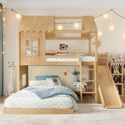 House Bunk Bed With Ladders, Slides, Storage Shelves, And Wardrobe, Playhouse Design For Kids' Rooms