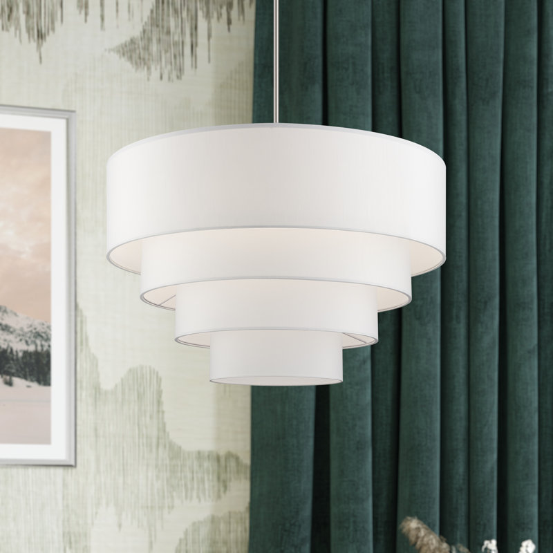 5 Light Bronze Medium Pendant Chandelier With Hand Crafted Off-White Fabric Hardback Shades, Brushed NIckel, 8