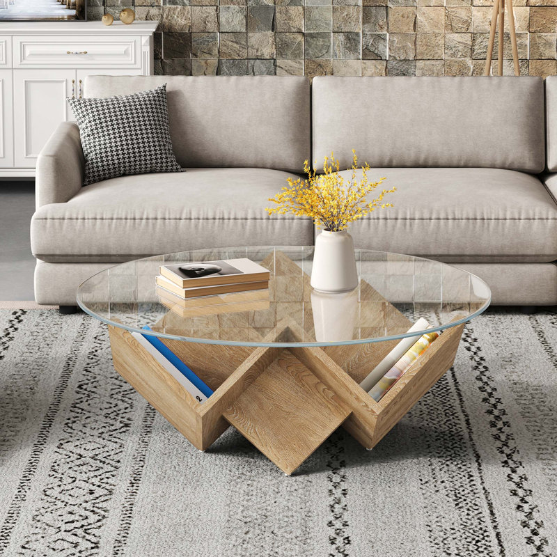 Table basse ronde moderne avec plateau en verre trempé et piètement de rangement Art déco, Natural