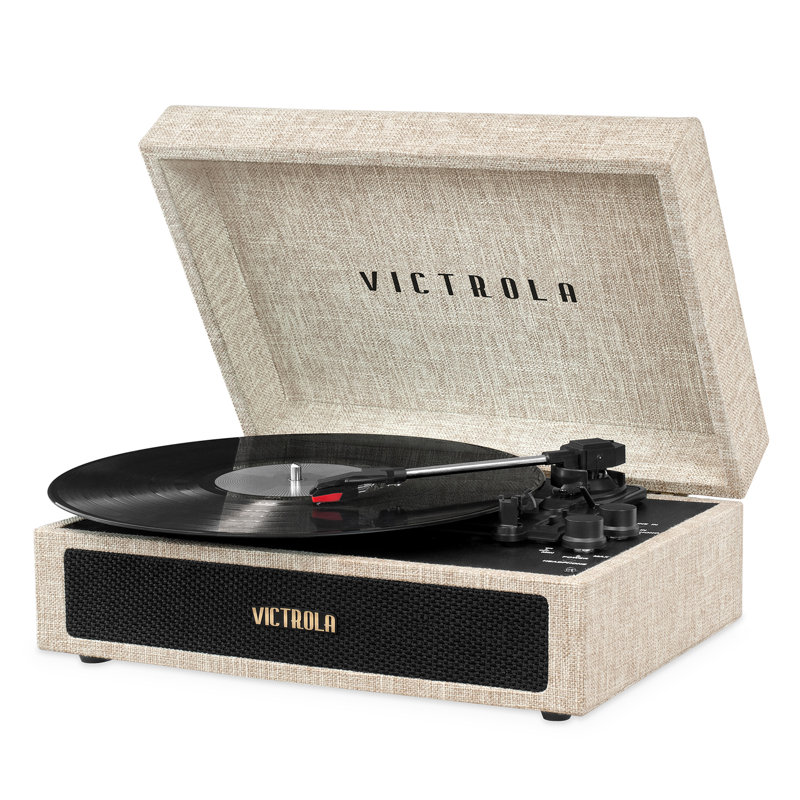 Parker Bluetooth Suitcase Decorative Record Player with 3-Speed Turntable, Light Beige