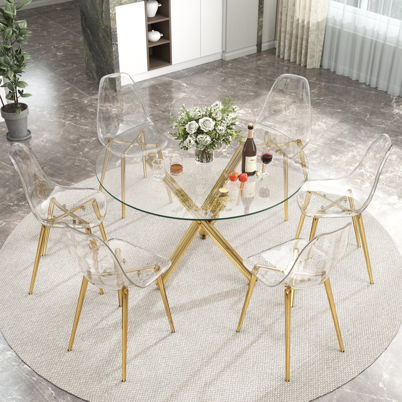 Ensemble de salle à manger en verre, Or, H 29,5 po x L 39,37 po x l 39,37 po, 7