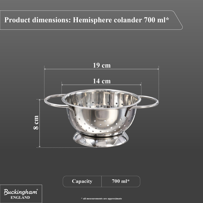 Buckingham Stainless Steel Colander Hemisphere Strainer 7.2 Litres, 7.8cm H x 17cm W x 14cm D