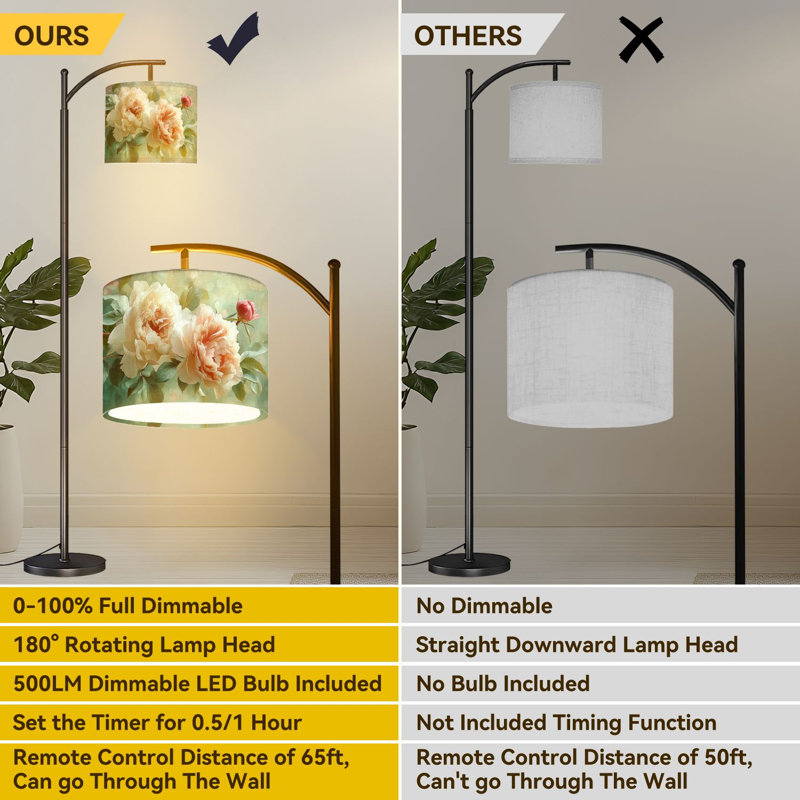  Lampe sur pied Arc douce pivoines pastel en fleurs à feuilles vertes, grande lampe sur pied moderne, abat-jour réglable en lin à 3 températures de couleur