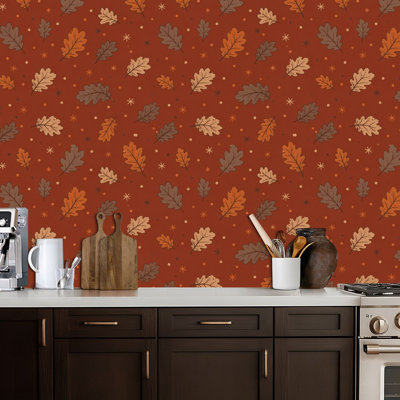 Peel and Stick Wallpaper fall Autumn Oak Leaf Warm Brown Hand Drawn Botanical Style Contact Paper Removable Self Adhesive Wall Mural Wall Decor for Bedroom Kitchen Cabinets 24in x 118in