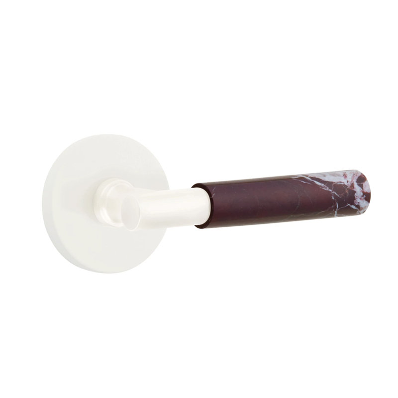 Ensemble de leviers d'intimité Emtek Select avec rosette à disque et tige en T, levier en marbre Rosso Levanto, Blanc mat