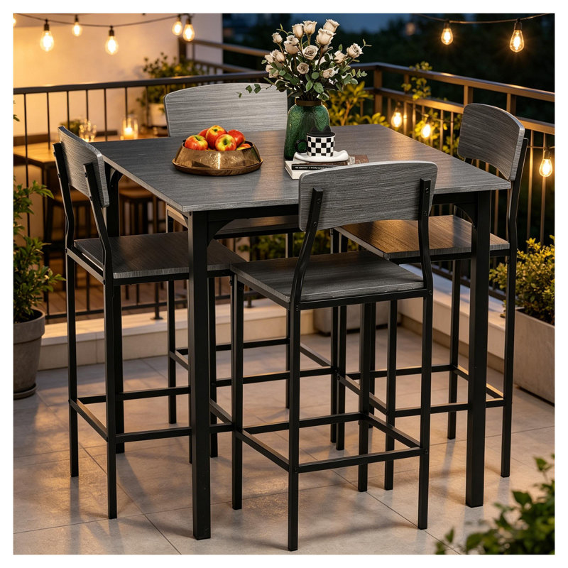 Ensemble de salle à manger 5 pièces à hauteur de comptoir avec table carrée et tabourets, noir et gris