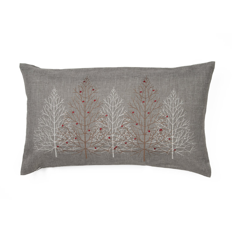 Gray Embroidered Christmas Trees Throw Pillow, 12x20 Inch