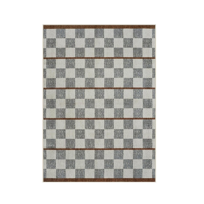 Grey Beige Checkered Striped 5 × 7 Ft Rug for Dining Room Entryway