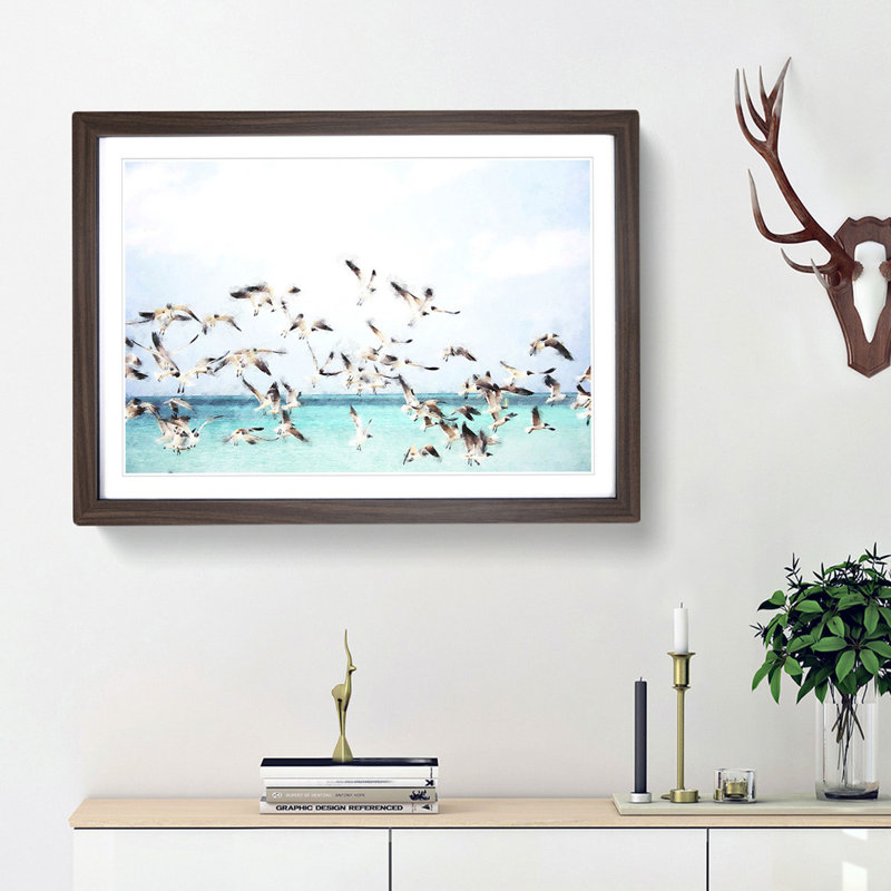 Flock Of Seagulls Over The Sea - Single Picture Frame Print on MDF, 33cm H x 45cm W x 2cm D, Walnut Framed