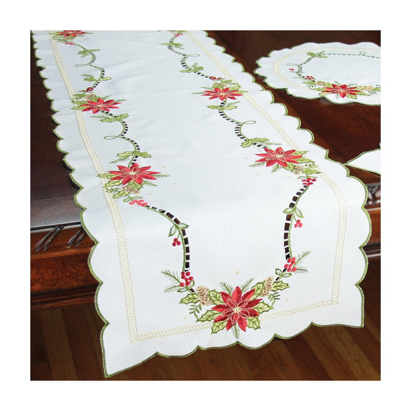 Scrolling Poinsettia Embroidered Cutwork Table Runner, 34" L x 16" W