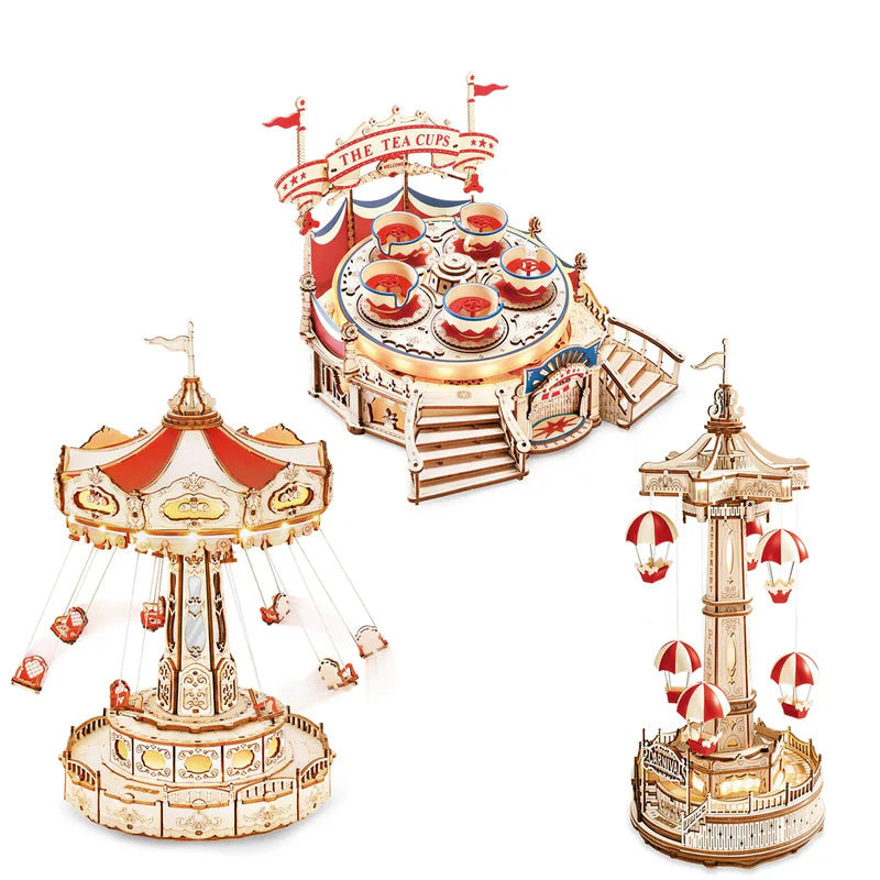 ROKR Magic Amusement Park Parachute Tower Wooden Toy DIY Music Box Moveable 3D Wooden Puzzle For Kids Gifts For Christmas