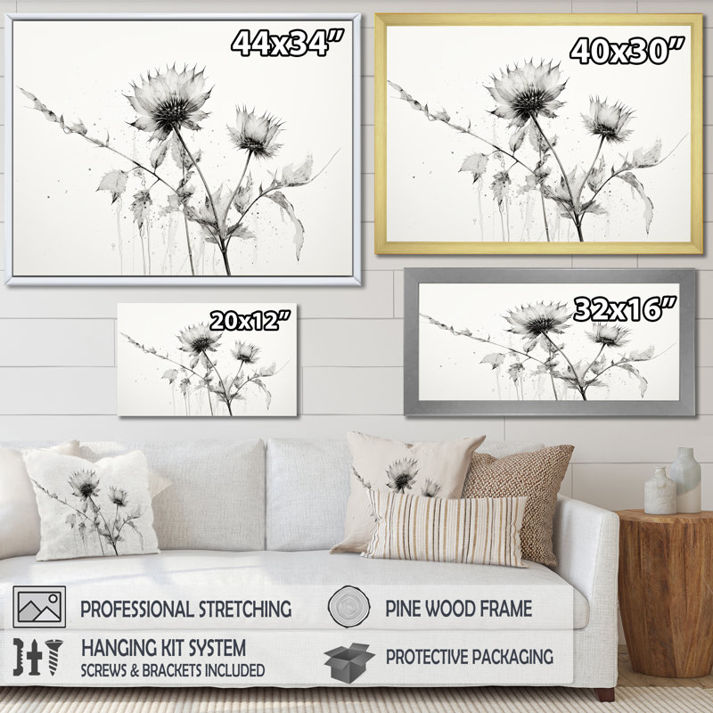 «Thistle Floral», art mural sur toile, minimaliste chardon I, Cadre photo argenté, H 24 po x l 32 po x P 1 po