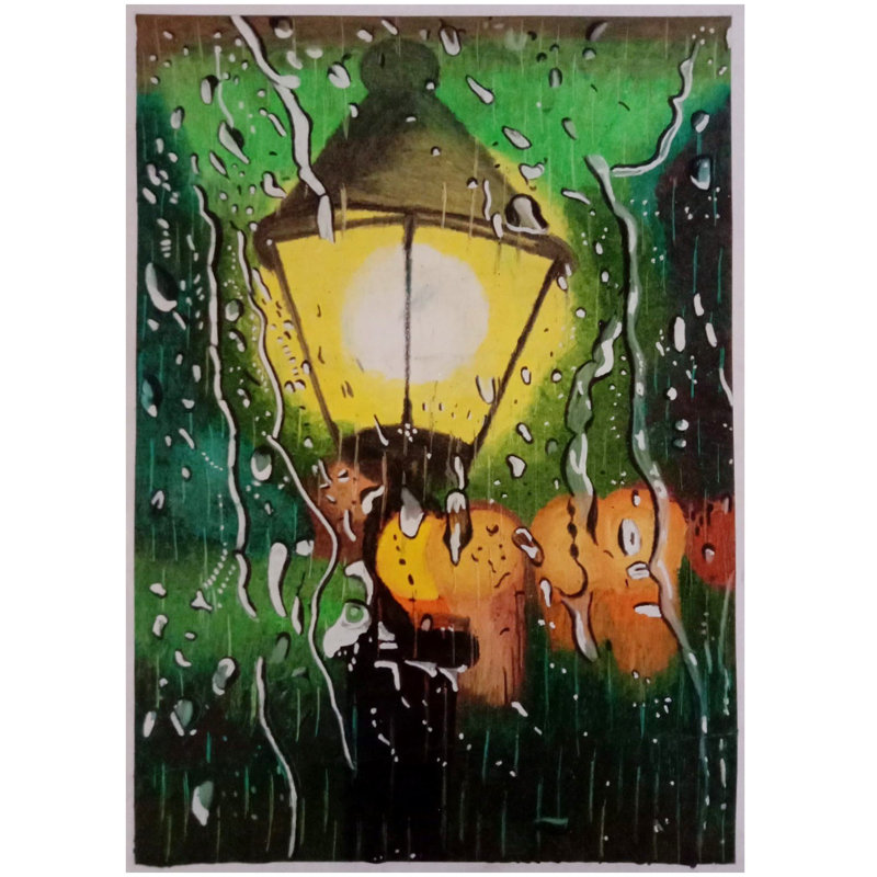 Lampadaire Rainfall | Pastel à l'huile sur papier | Par Kush Gupta