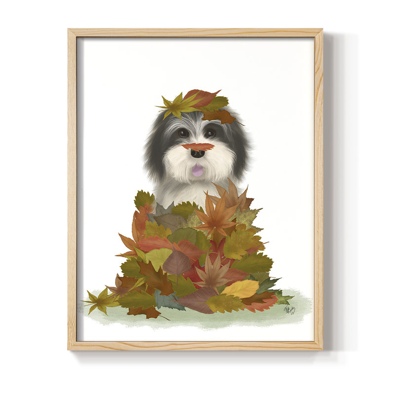 Landed in Autumn, reproduction encadrée de chien noir et blanc - bois massif, H 30 po x l 24 po