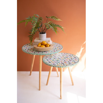 Kalalou Set of Two Wooden Accent Tables with Capiz Shell Detail