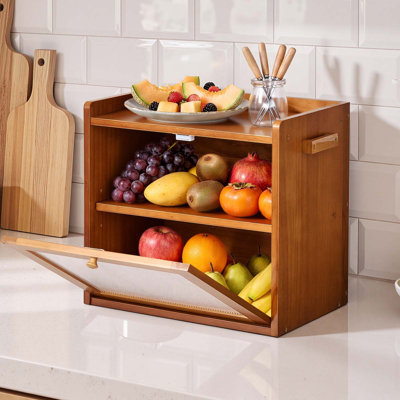 Bread Box for Kitchen Counter Wood Storage Compact Container Brown, for Homemade Bread, Under Cabinet, and Pantry, Double Layer Farmhouse Breadbox Bin, with Acrylic Door Panel and Air Vents