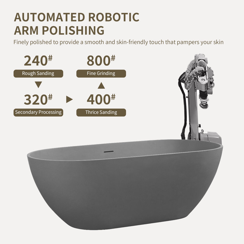 59" x 30" Freestanding Soaking Solid Surface Bathtub Stone Resin Bath Tub with Overflow and Pop-up Drain for Contemporary Bathroom, Matte Gray