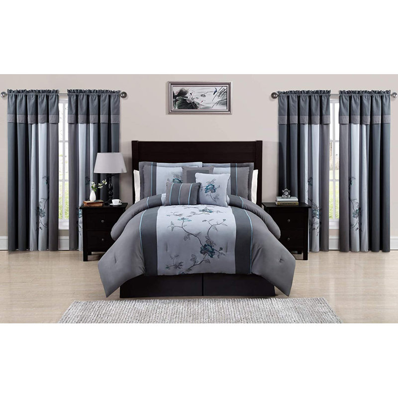 Queen Blue and Gray Microfiber Floral Bed in a Bag Set