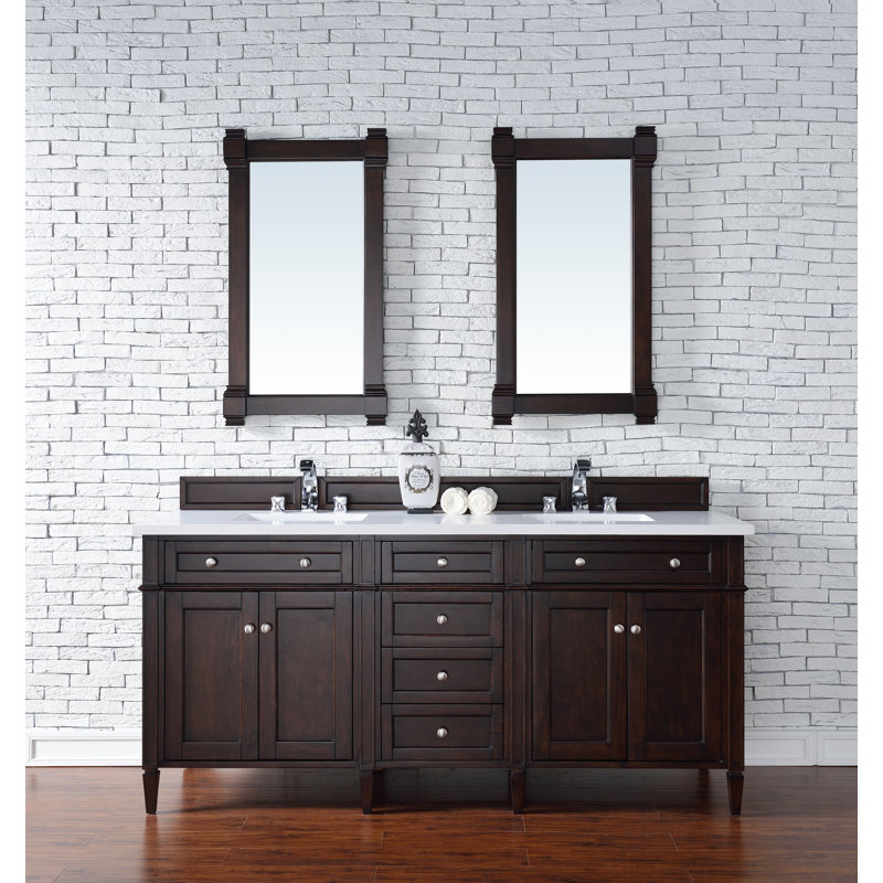Meuble-lavabo double l 72 po Dussault, Acajou bruni, Blanc Zeus, 8 po