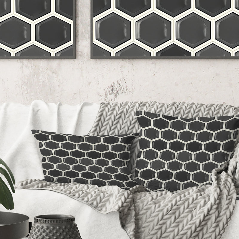 Coussin décoratif gris et blanc Hexagon II - Mid-Century, H 18 po x l 18 po