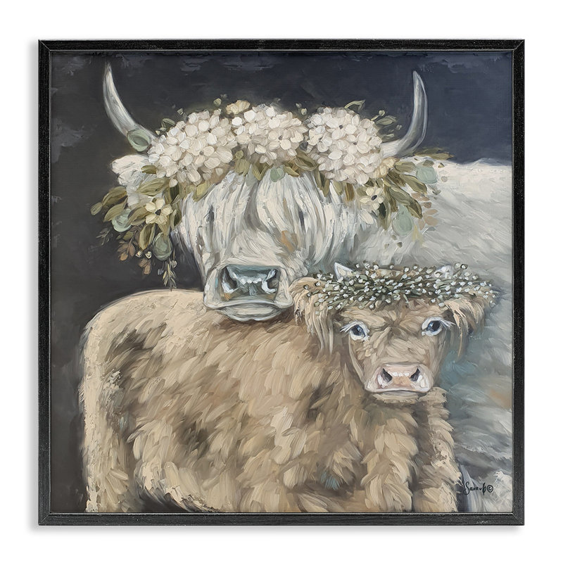 Highland bovins, hortensias, guirlandes de fleurs, art de la giclée noire encadrée par Sara G Designs
