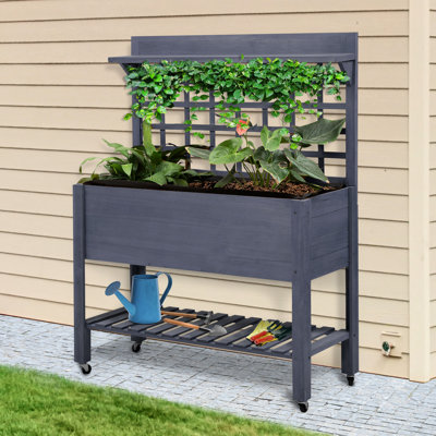 Elevated Garden Bed With Trellis, 41" Wooden Planter For Peace, Gray Raised