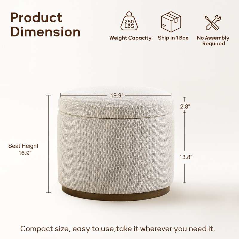 19.9"Round Upholstered Ottoman with Storage, Beige