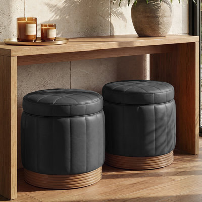 Round Swivel Storage Ottoman Footstool with Flip-top, Fully Assembled & Acacia Hardwood Frame(Set of 2)