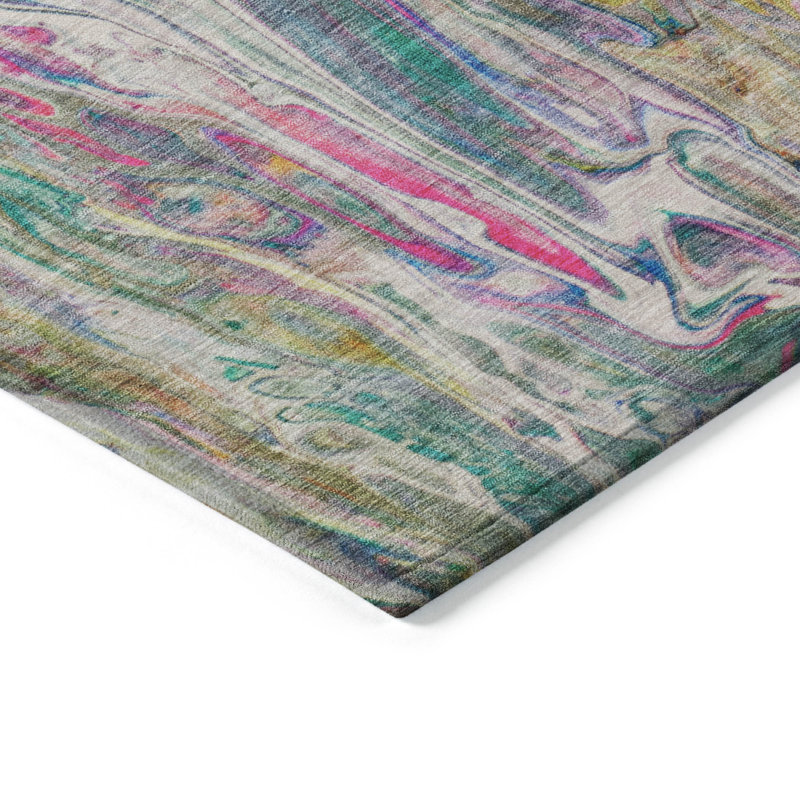 Tapis intérieur lavable abstrait vert doré et blanc 5 pi x 8 pi