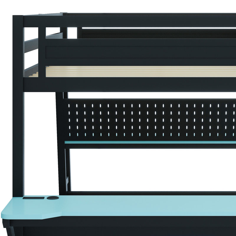 Dual-Station Gaming Bunk Bed Featuring Built-In Desks, USB Desktop Connectivity & Customizable Pegboard, Blue