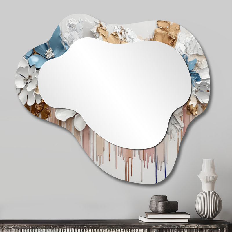 Rhythmic Drizzle Liquid Ink Flowers I - Floral Irregular Asymmetrical Mirror, Traditional Wall Mirror, Printed on Metal