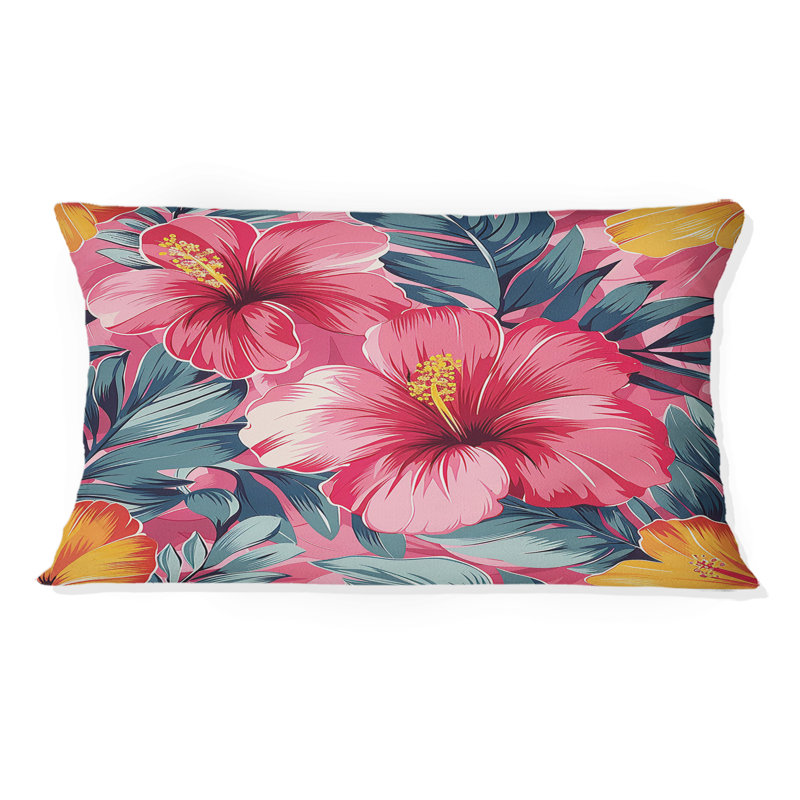 Hibiscus rose, vert et vert - coussin lombaire moderne