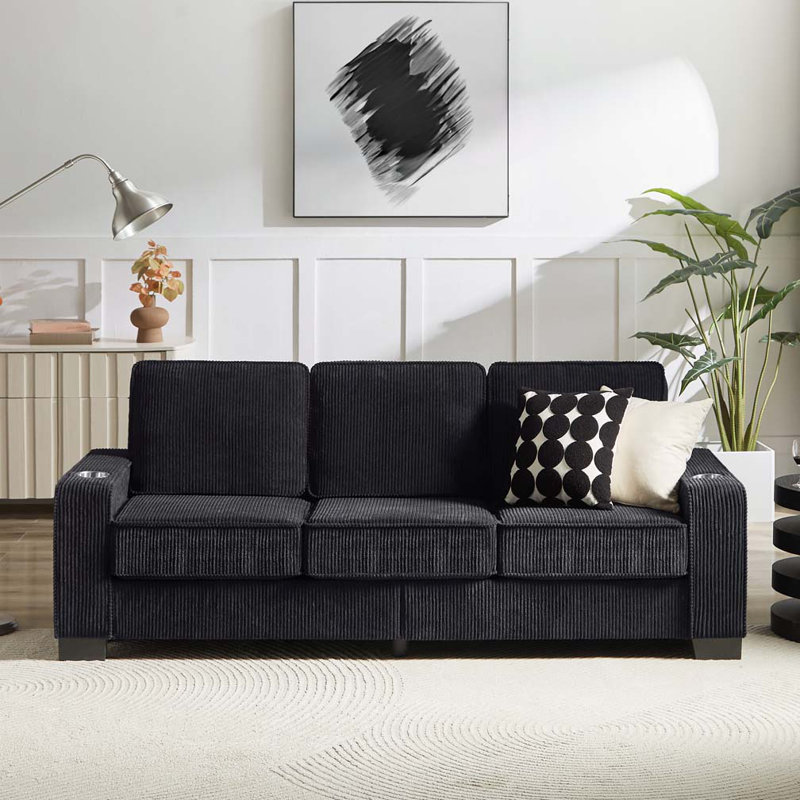 Corduroy Fabric 3-Seater Sofa, Black