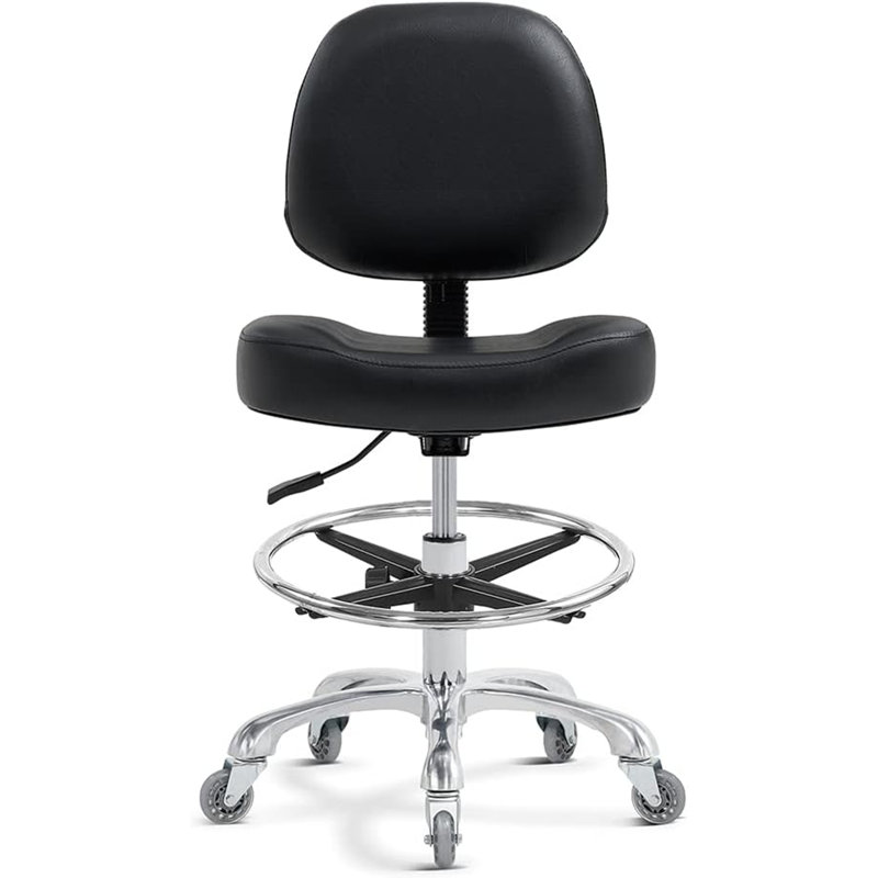 Black Drafting Chair - Tall Office Chair For Standing Desks With Backrest, Foot Rest & Wheels (Counter Height Stool For Studio/Workbench/Esthetician Use)