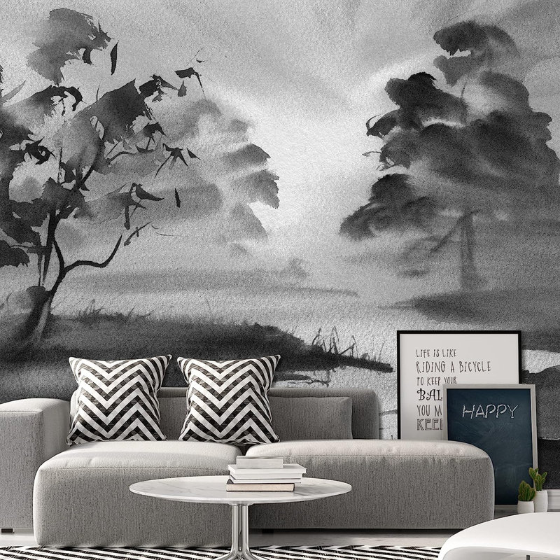 Murale à peindre aquarelle noir et blanc forêt de rivière, L 100 po x l 144 po