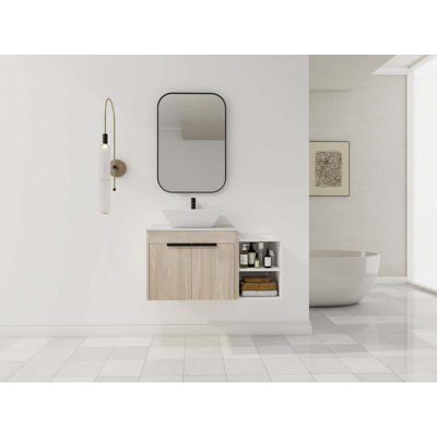Meuble-lavabo flottant avec lavabo d'art en céramique, dalle de pierre plate blanche et petites tablettes de rangement