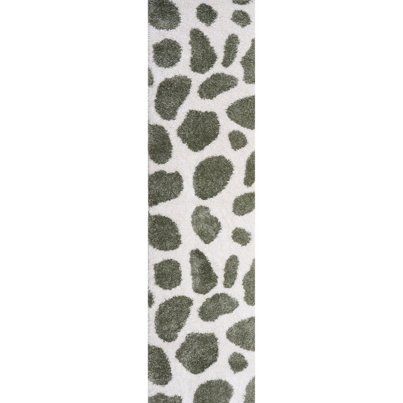 Moodi Modern Shaggy Area Rug Abstract Pebble Design, Runner 80 x 300 cm, Off-White/Green