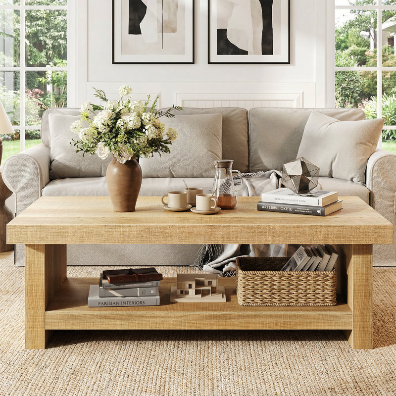 Farmhouse Coffee Table, 47" Rectangle Wood Center Table With Open Storage Shelves, Low Profile Cocktail Tea Table For Living Room, Two-tier Accent Center Tables, Thick Base, Natural Oak