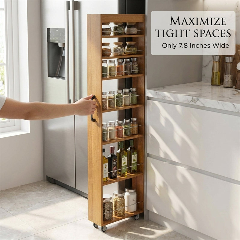 Étagère ouverte à 7 niveaux multifonctionnelle, idéale pour les cuisines, les salons et les petits espaces, Chêne