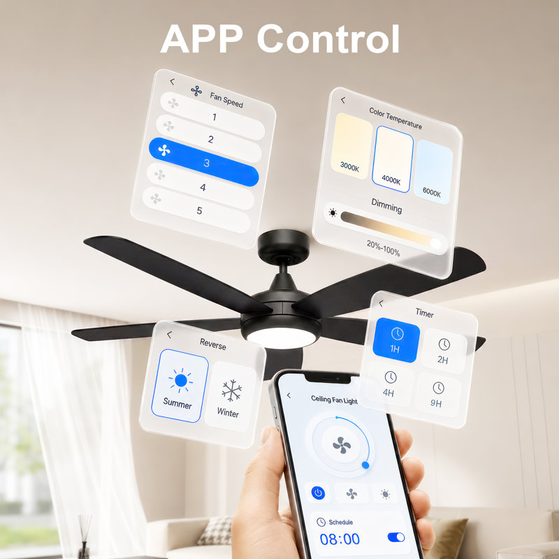 52" 5-Blade Smart Ceiling Fan with Light, WiFi/APP/Voice/Remote, 6 Speed High Airflow Low Noise DC Motor Reversible Airflow
