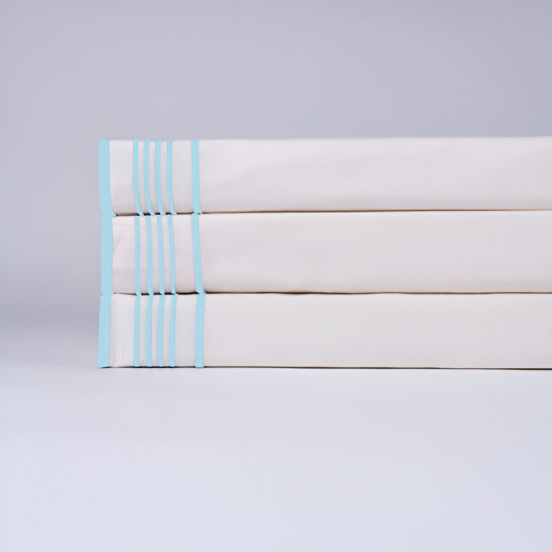 Smart Border 400TC Cotton Embroidery Cotton 4 Piece Sheet Set Fitted Sheet Fits Upto 16" Deep Pocket, Light Blue Border