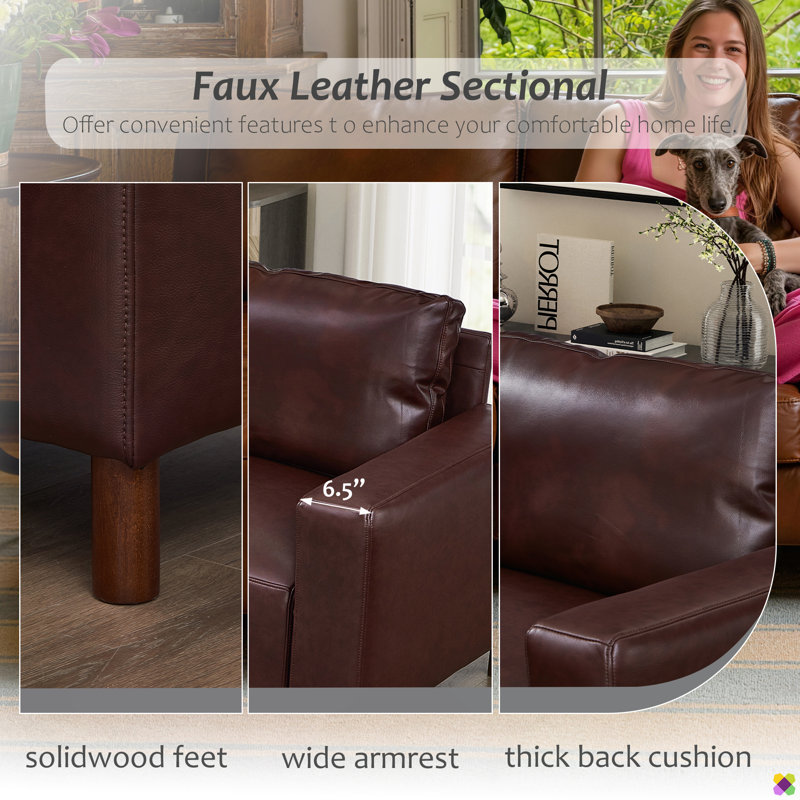Praylow 112"W Faux PU Leather Modular Sectional, Burgundy Faux Leather