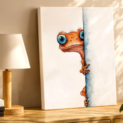 Funny Gecko Lizard Peekaboo Watercolor Cute Animal Canvas Wall Art Print, Coordinated Color Funny Watercolor Poster Artwork For Living Room Decor, Gallery Wall Accent, Modern Home Decor