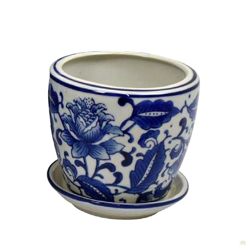 Ensemble de 4 pots à fleurs avec soucoupe, imprimé floral bleu rétro, céramique blanche