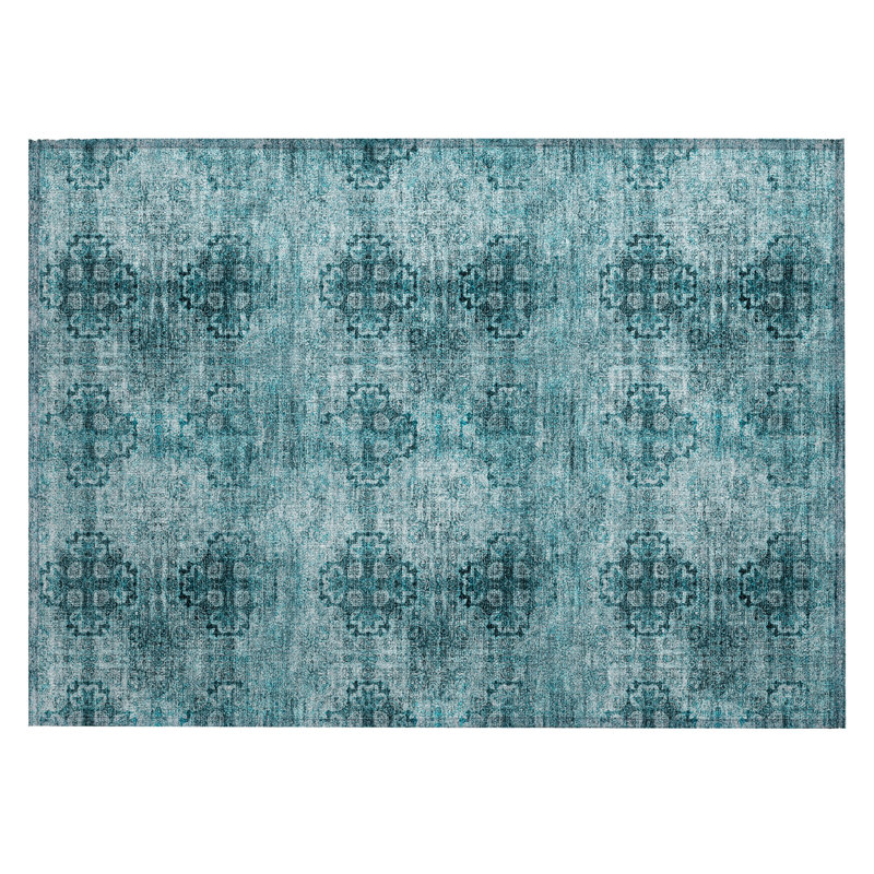 Tapis extérieur lavable antidérapant à motif de médaillon bleu sarcelle 2 pi x 3 pi