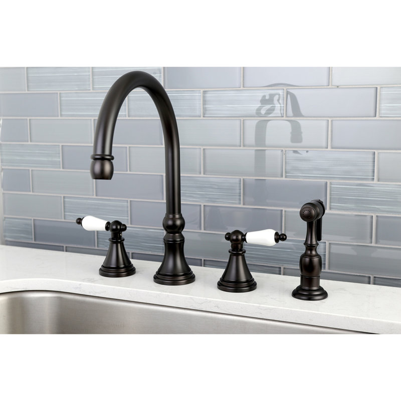 Kingston Brass Governor Double-Handle 4-Hole Widespread Kitchen Faucet with Brass Sprayer, Oil Rubbed Bronze