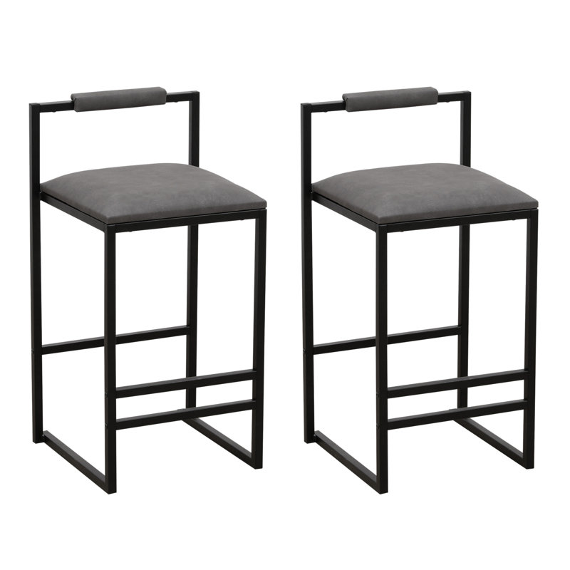 Set Of 2 Counter Height Barstools Kitchen Island Stools With Back Modern Armless Metal Legs & PU Gray Upholstered Chairs