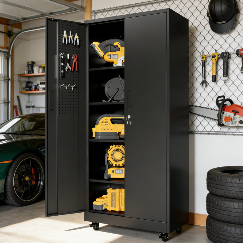 Rolling Metal Storage Locker Cabinet With Lockable Doors, 71" Freestanding Steel Wardrobe For Home, Office, School, Employee Room, Gym & Fire Department (Black)