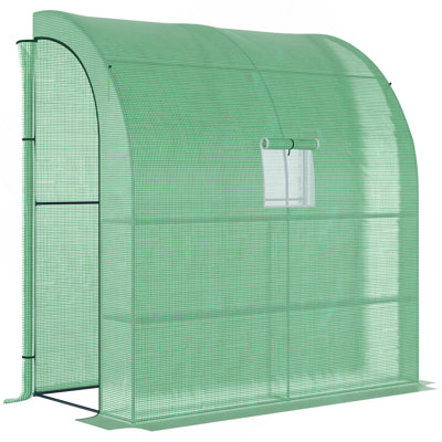 7' X 3' X 7' Lean To Greenhouse, Walk-In Green House, Plant Nursery With 2 Roll-Up Doors And Windows, PE Cover And 3 Wire Shelves, Green